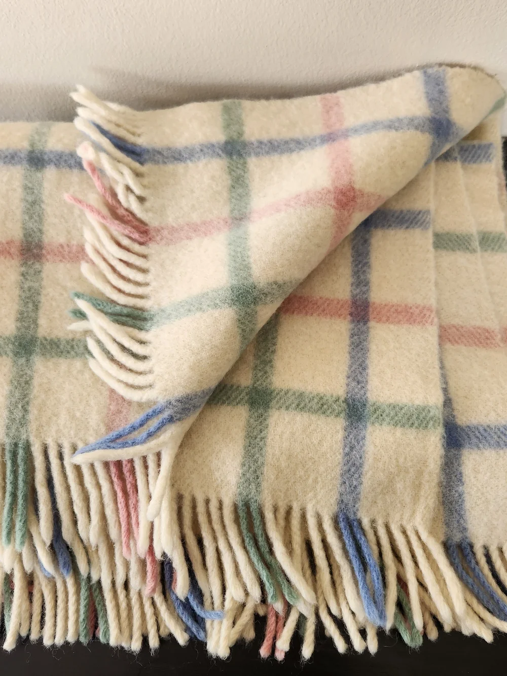 Vintage Wool Cream Plaid Fringe Baby Blanket with Pastel Stripes